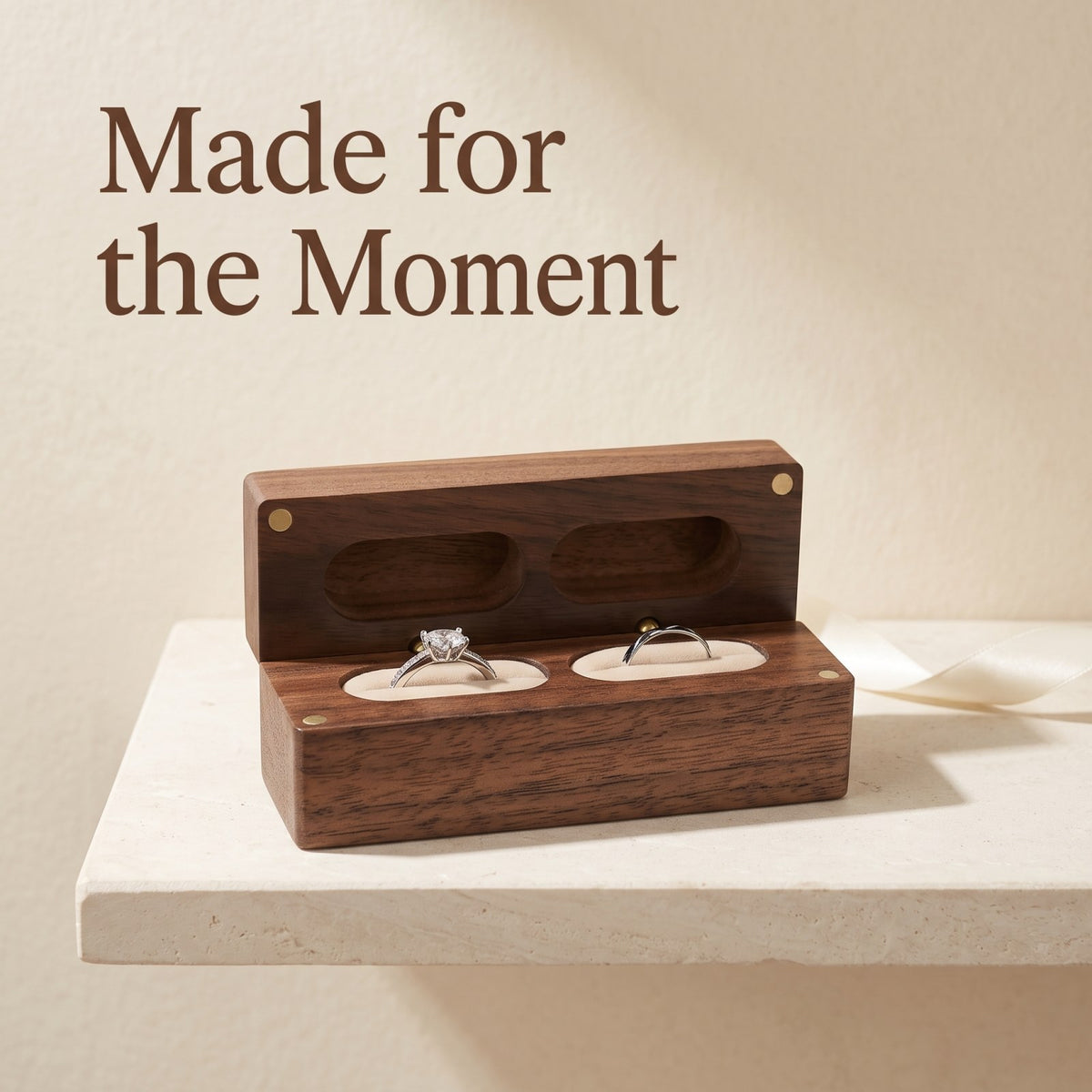 Walnut ring box in a gift setting - Parallel: Side by Side, Always - MAHOOSIVE
