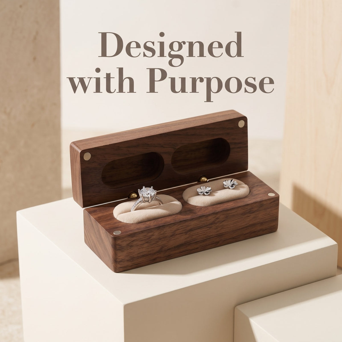 Walnut ring box shown open to reveal the interior - Parallel - MAHOOSIVE