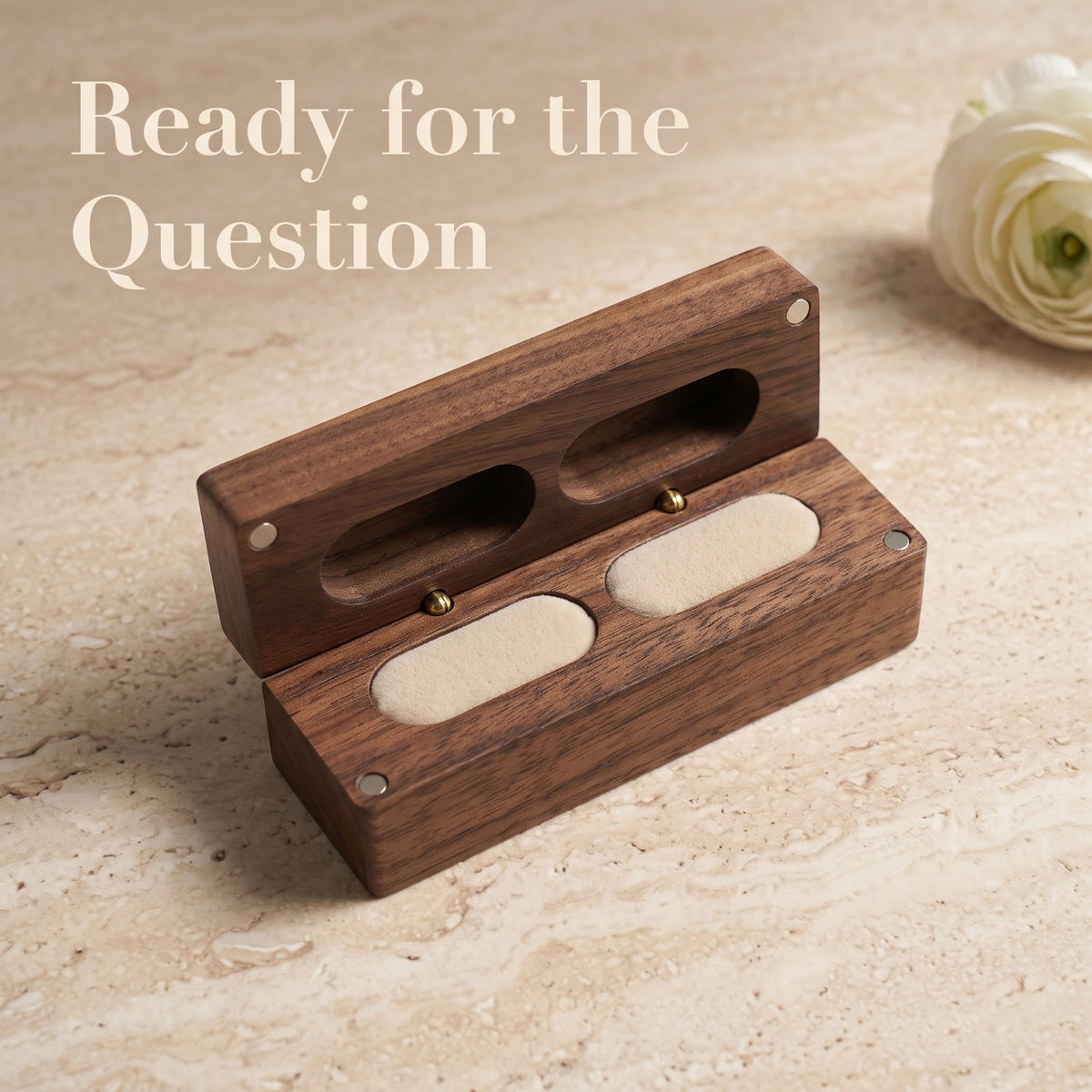 Walnut ring box held open during a proposal - Parallel - MAHOOSIVE