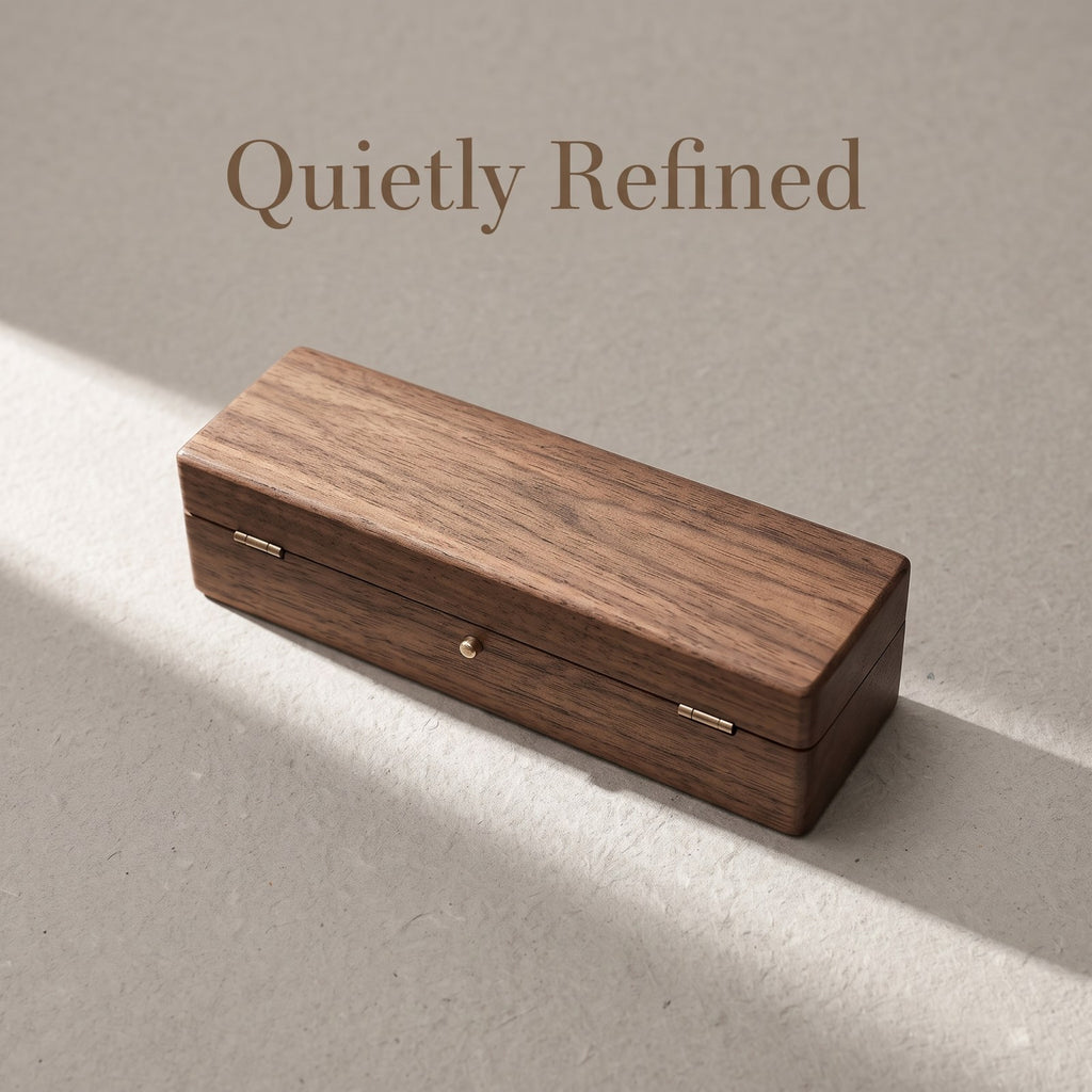 Walnut ring box closed, on a plain surface - Parallel - MAHOOSIVE