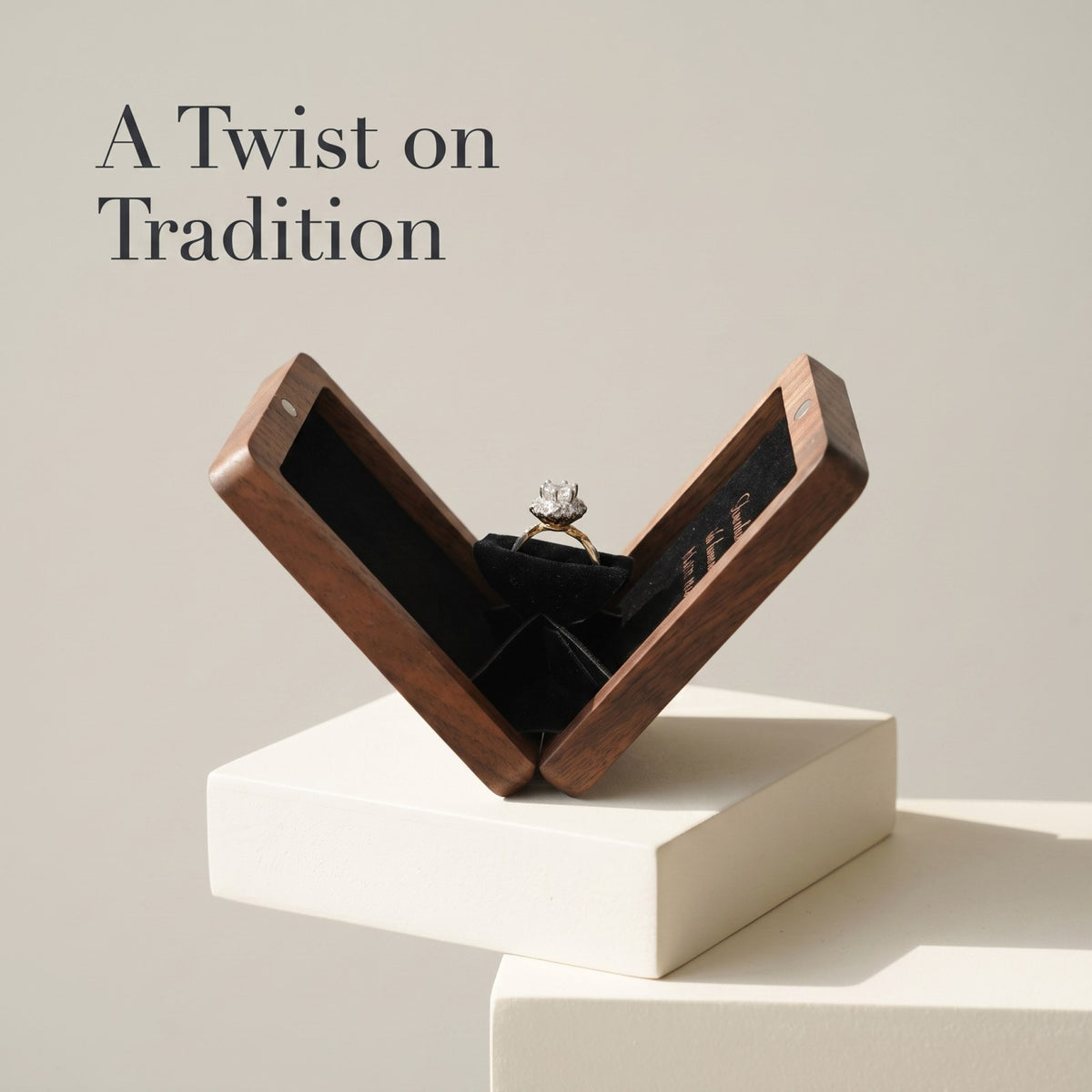 Walnut ring box showing the rotating opening - Pivot - MAHOOSIVE