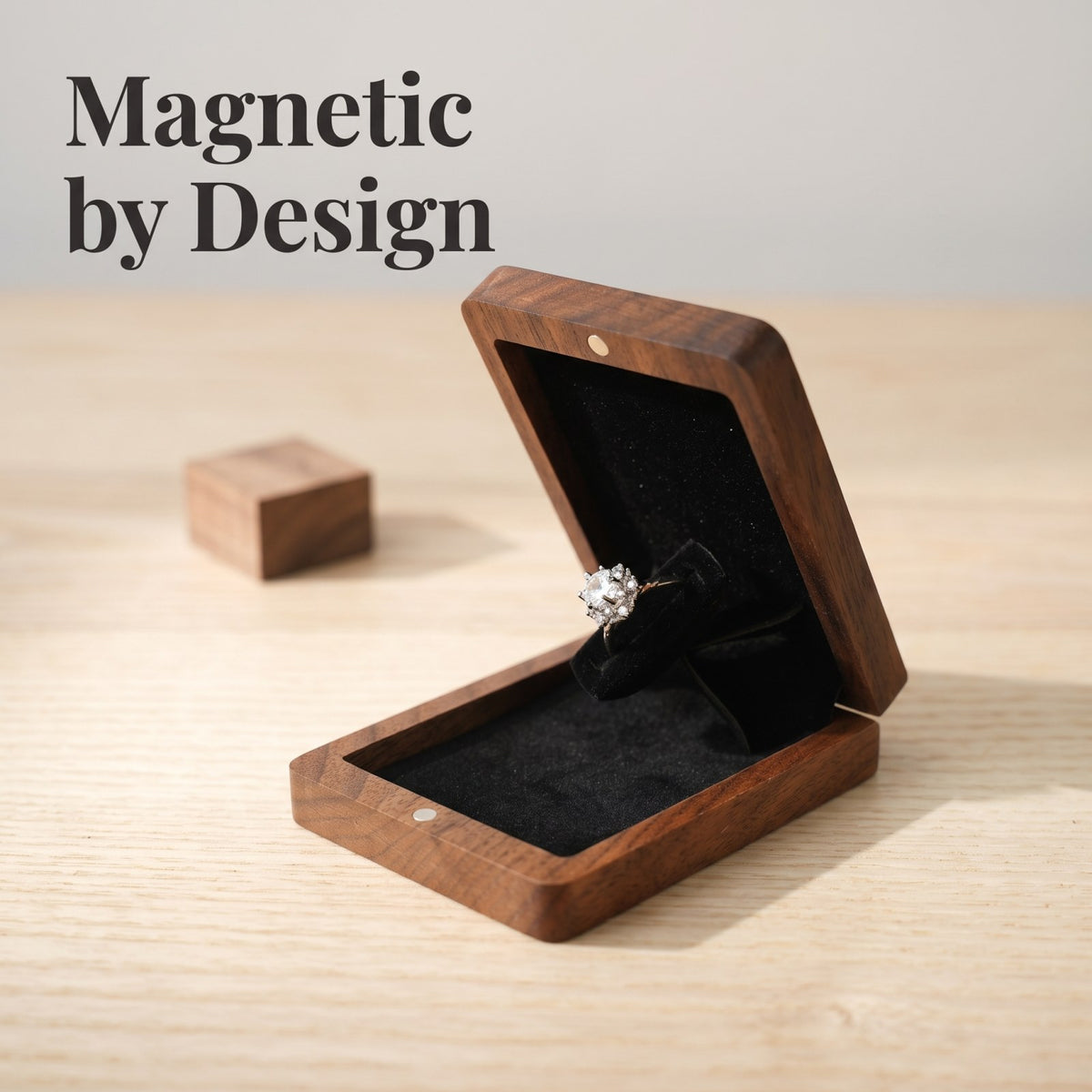 Walnut ring box showing the magnetic closure - Pivot - MAHOOSIVE