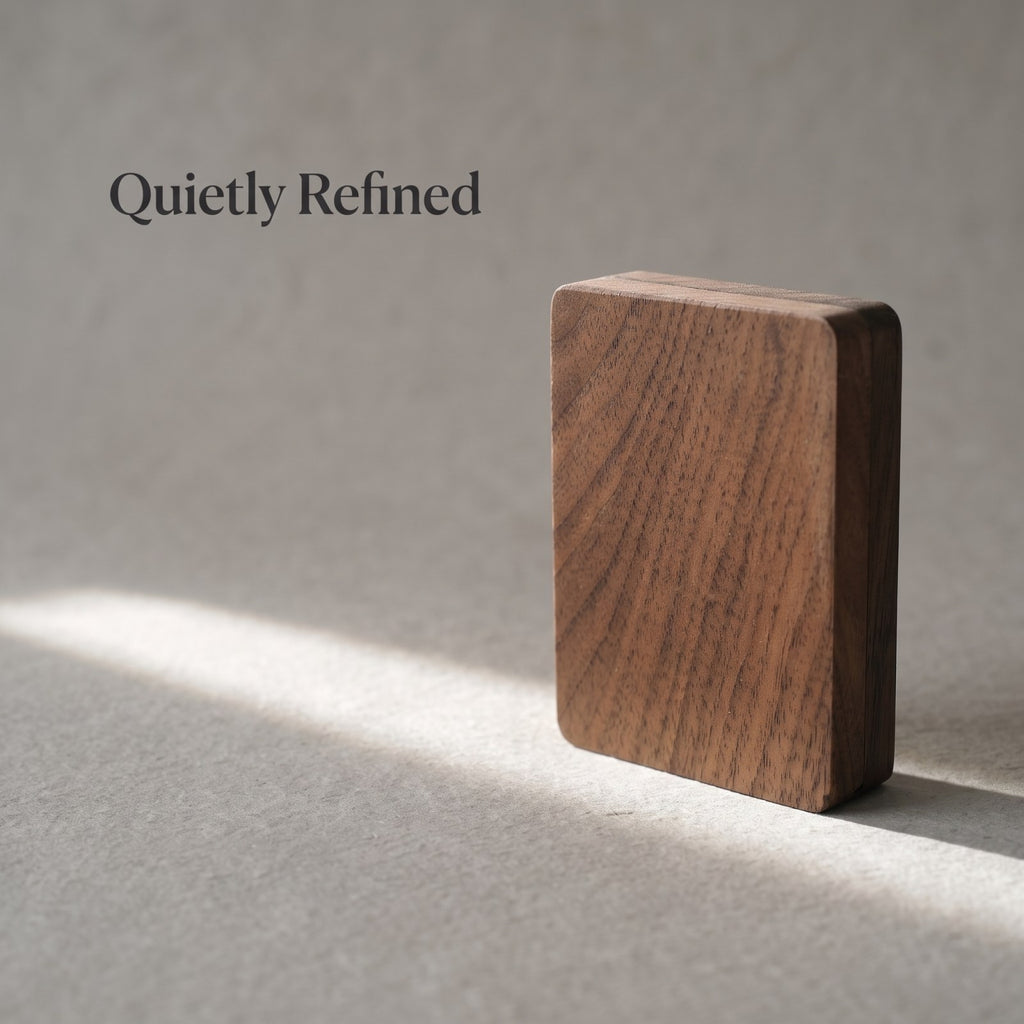 Walnut ring box closed, on a plain surface - Pivot - MAHOOSIVE