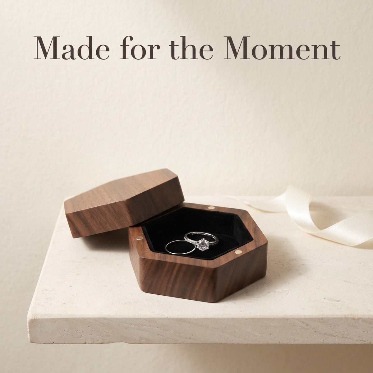 Walnut ring box in a gift setting - Prism: Six Sides, One Promise - MAHOOSIVE
