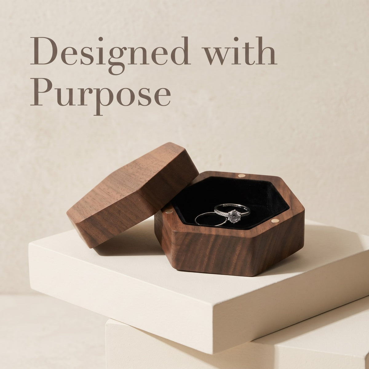 Walnut ring box shown open to reveal the interior - Prism - MAHOOSIVE