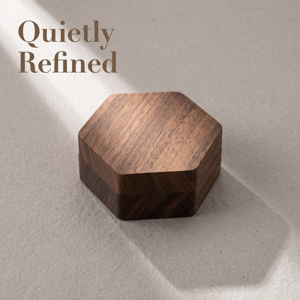 Walnut ring box closed, on a plain surface - Prism - MAHOOSIVE