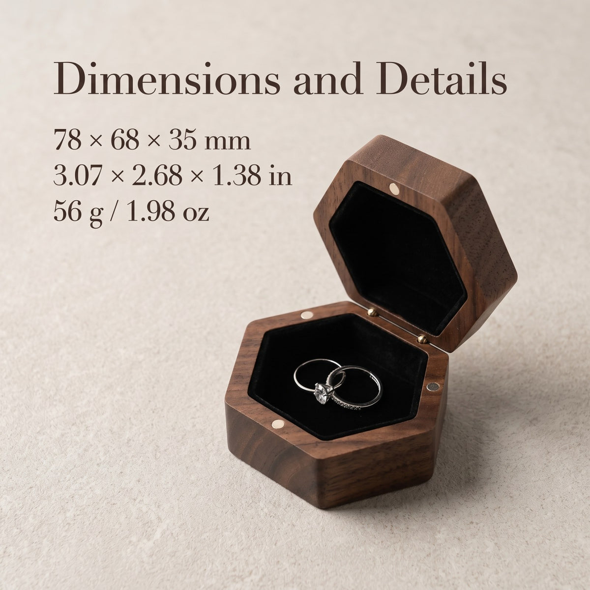 Walnut ring box dimensions and measurements - Prism - MAHOOSIVE