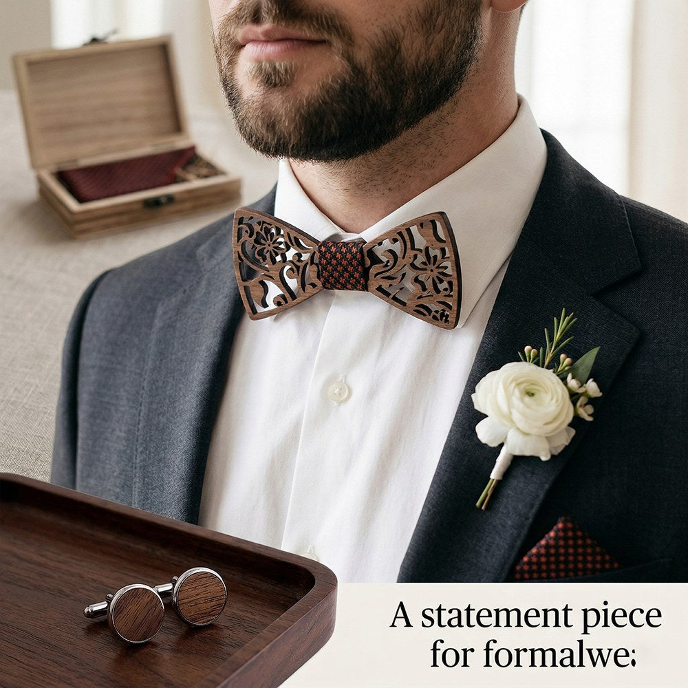 Walnut bow tie set - Rosette: Blooms in Walnut - MAHOOSIVE