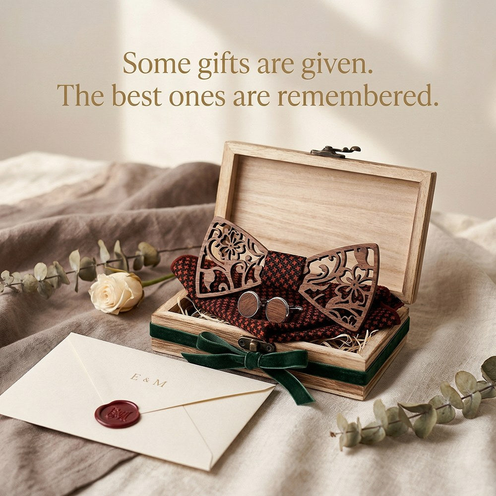 Rosette walnut bow tie set in its wooden gift box - MAHOOSIVE