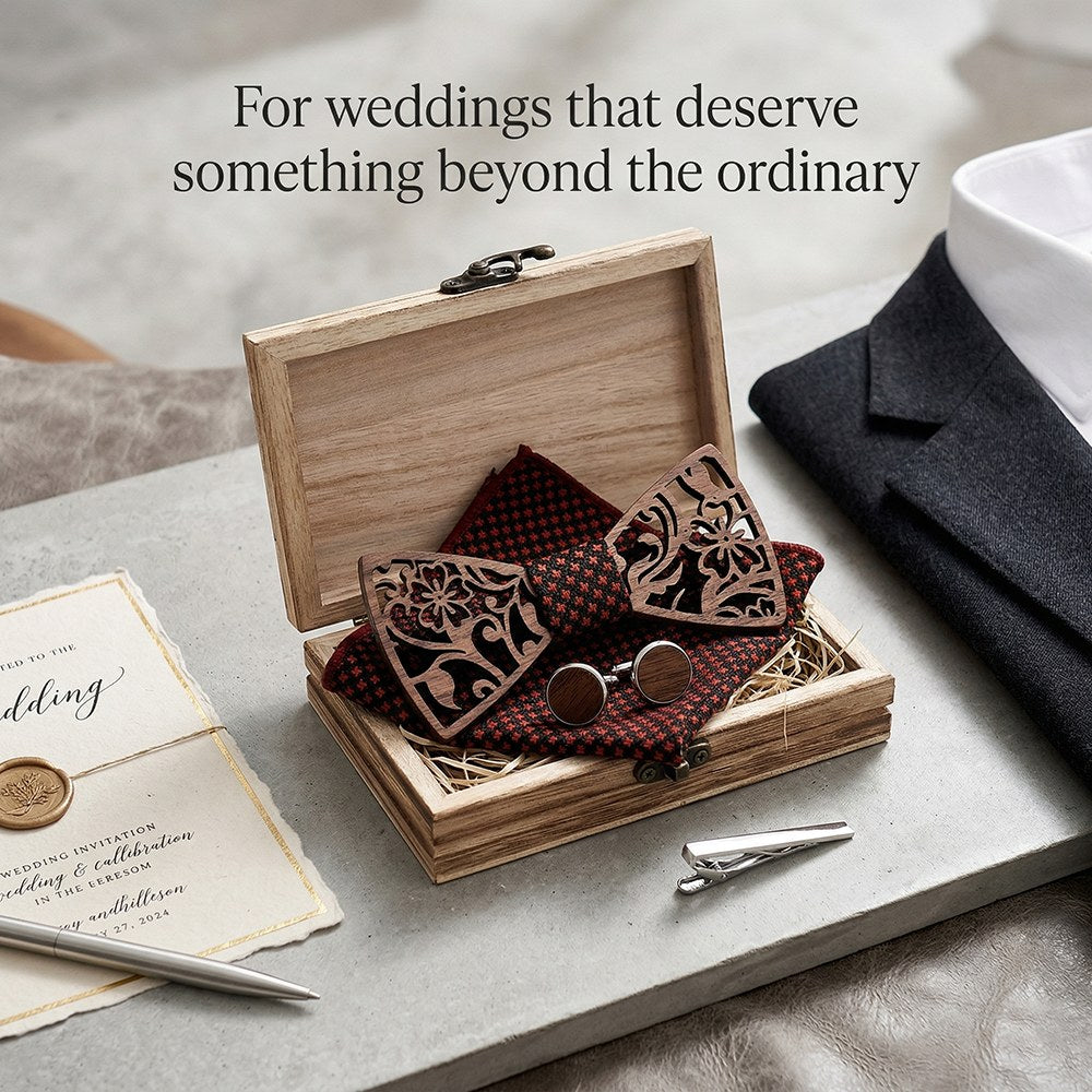 Rosette walnut bow tie with cufflinks and pocket square - photo 2 - MAHOOSIVE