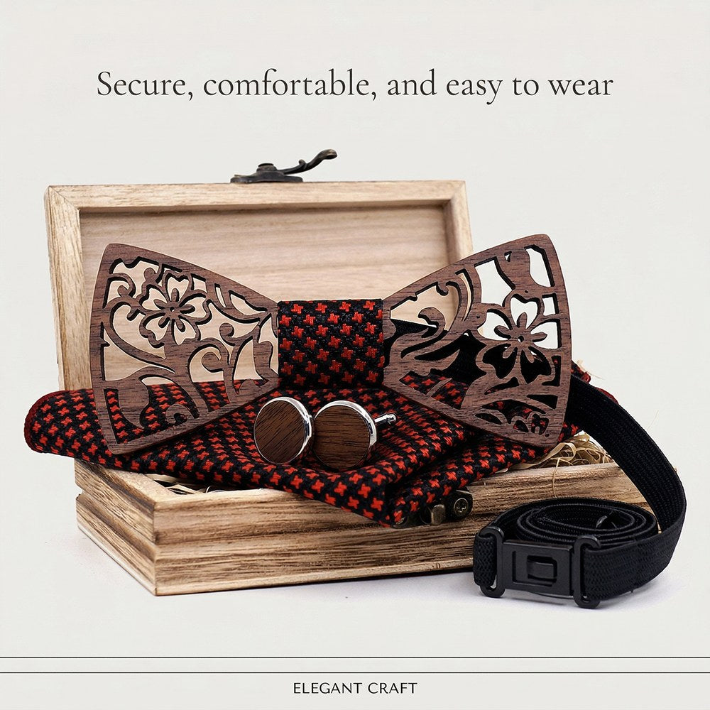 Rosette walnut bow tie with cufflinks and pocket square - photo 4 - MAHOOSIVE