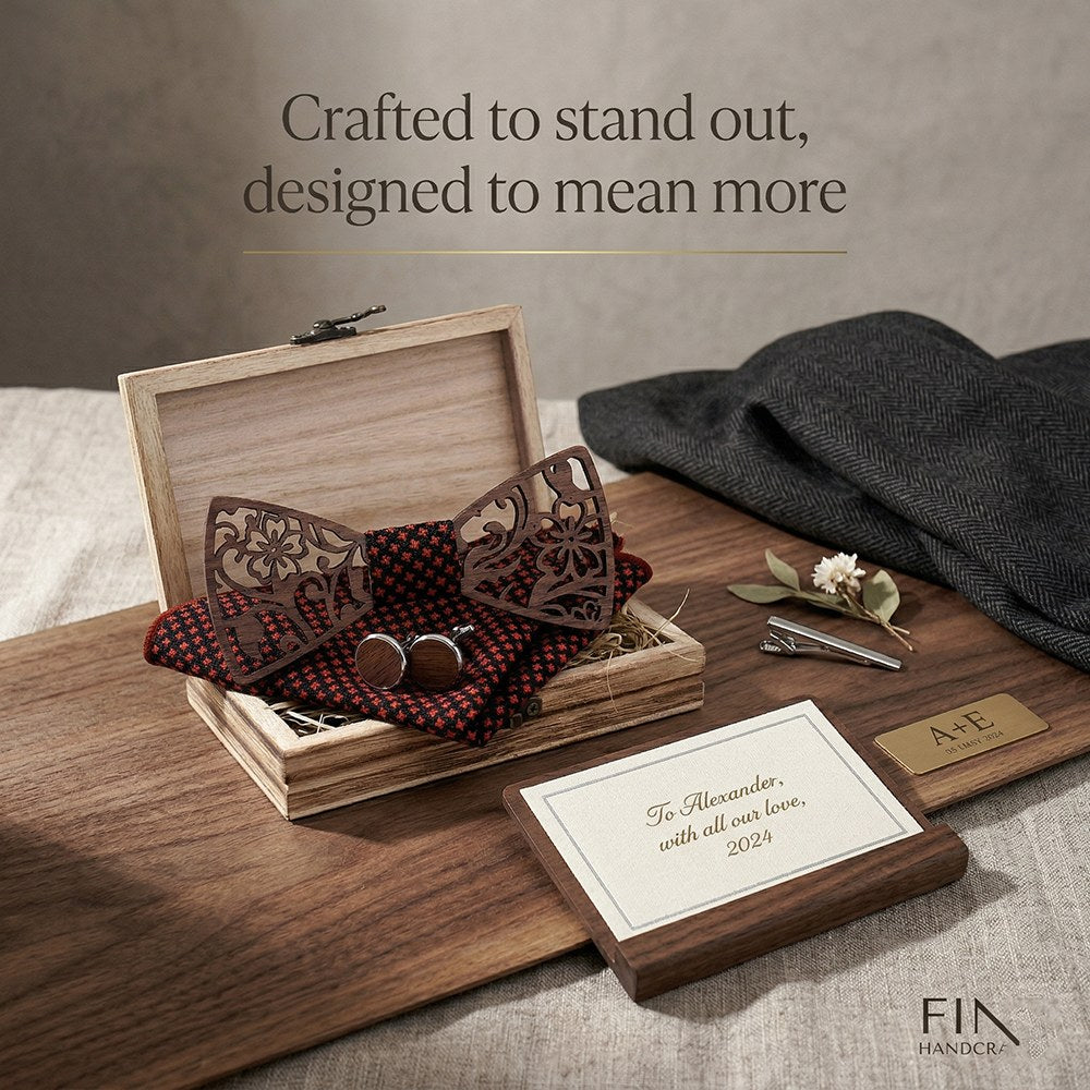 Rosette walnut bow tie with cufflinks and pocket square - photo 6 - MAHOOSIVE