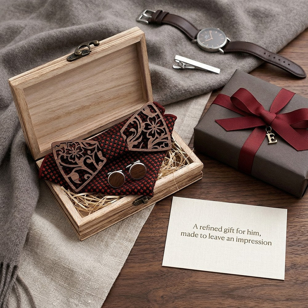 Rosette walnut bow tie with cufflinks and pocket square - photo 7 - MAHOOSIVE
