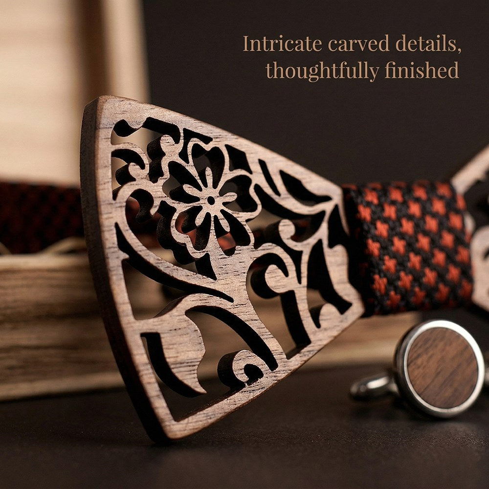 Rosette walnut bow tie with cufflinks and pocket square - photo 8 - MAHOOSIVE