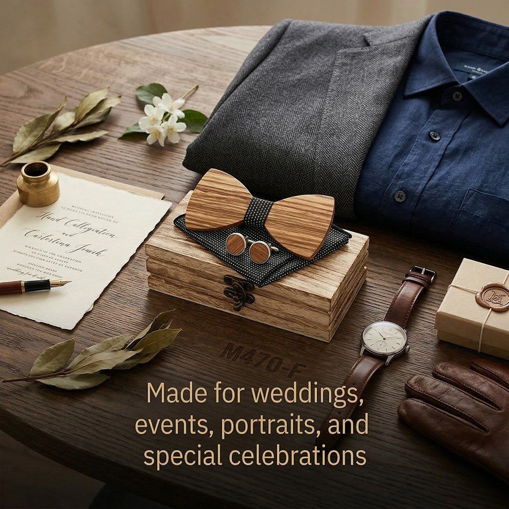 Savile walnut bow tie with cufflinks and pocket square - photo 4 - MAHOOSIVE
