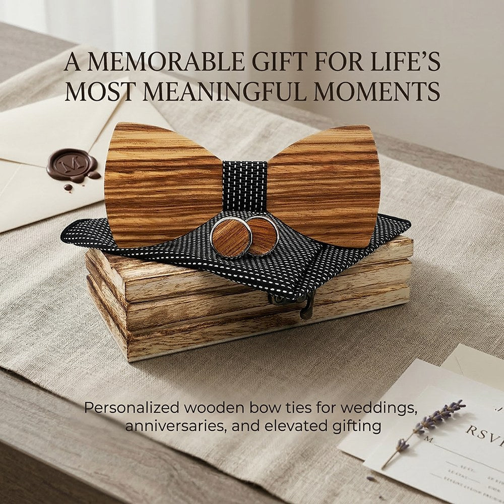 Savile walnut bow tie with cufflinks and pocket square - photo 5 - MAHOOSIVE