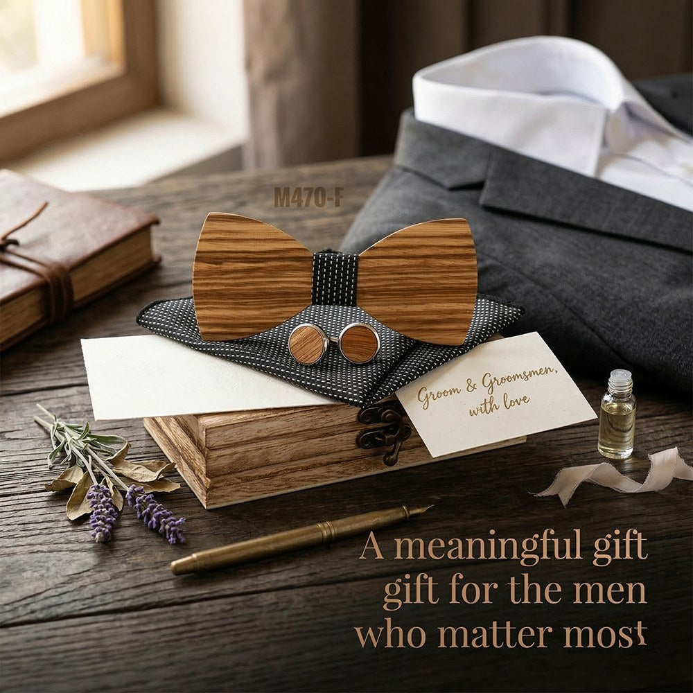 Savile walnut bow tie with cufflinks and pocket square - photo 7 - MAHOOSIVE