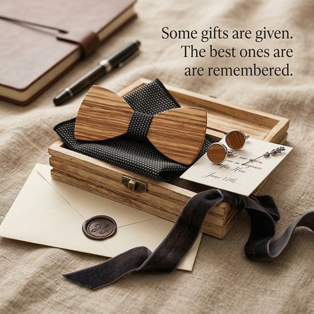 Savile walnut bow tie with cufflinks and pocket square - photo 9 - MAHOOSIVE