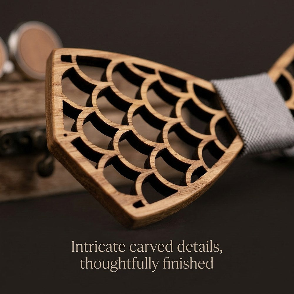 Shoal walnut bow tie with cufflinks and pocket square - photo 3 - MAHOOSIVE