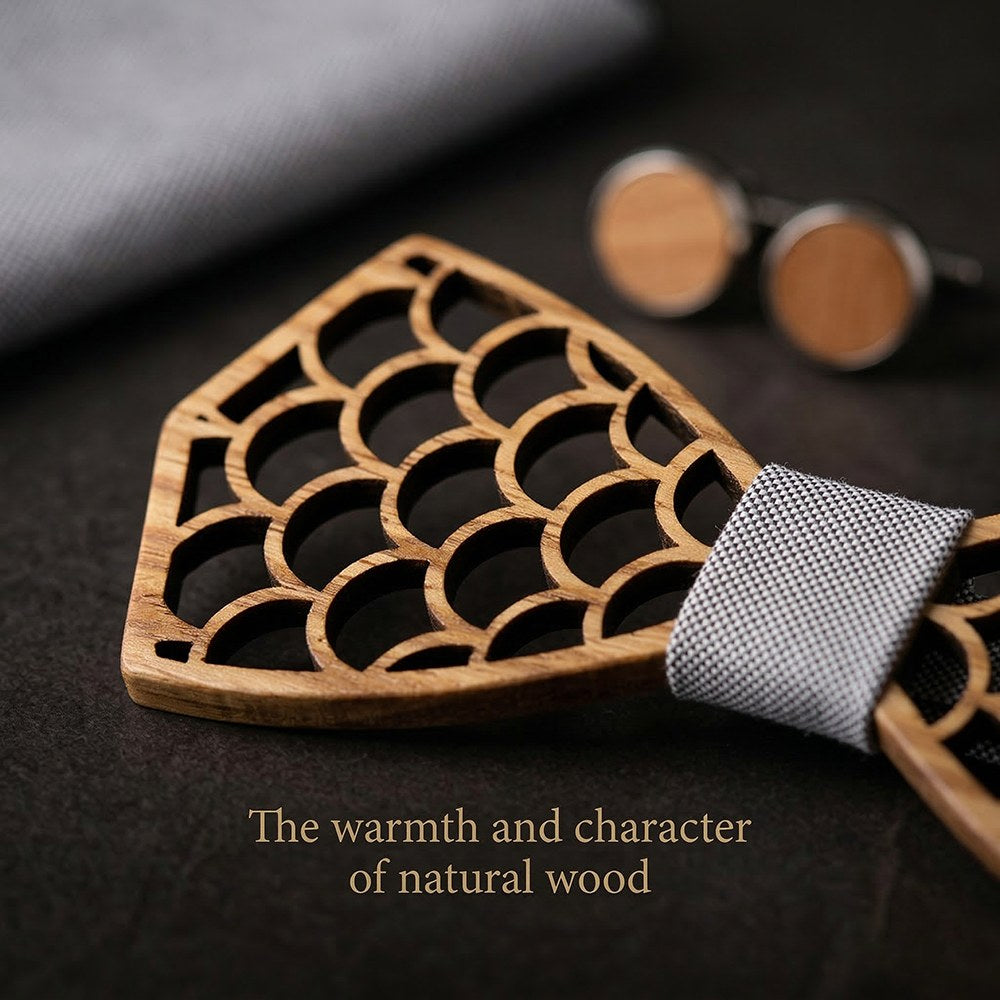 Shoal walnut bow tie with cufflinks and pocket square - photo 6 - MAHOOSIVE