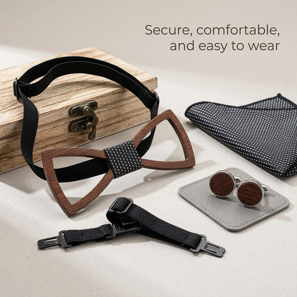 Silhouette walnut bow tie with cufflinks and pocket square - photo 2 - MAHOOSIVE