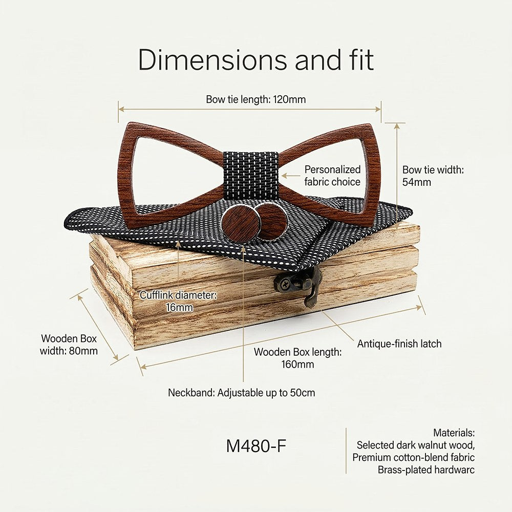 Silhouette walnut bow tie with cufflinks and pocket square - photo 4 - MAHOOSIVE