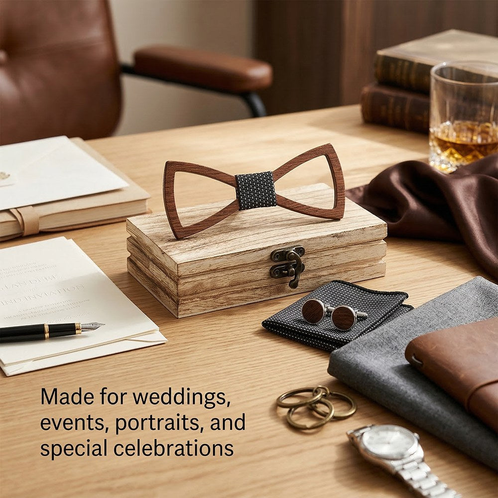 Silhouette walnut bow tie with cufflinks and pocket square - photo 5 - MAHOOSIVE