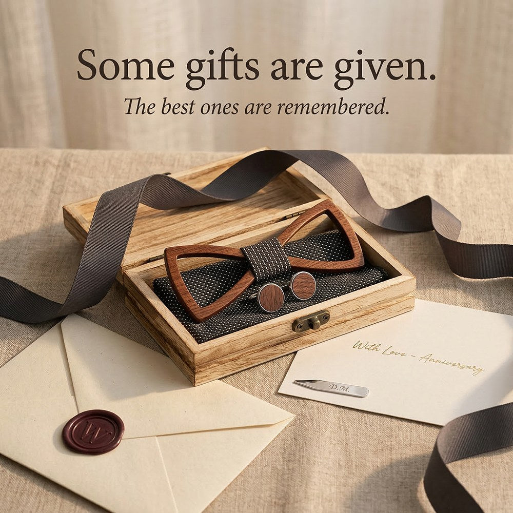 Silhouette walnut bow tie with cufflinks and pocket square - photo 6 - MAHOOSIVE