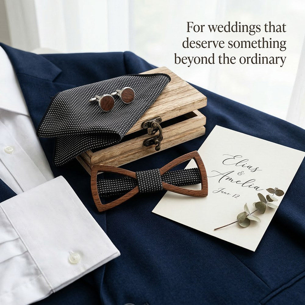 Silhouette walnut bow tie with cufflinks and pocket square - photo 7 - MAHOOSIVE