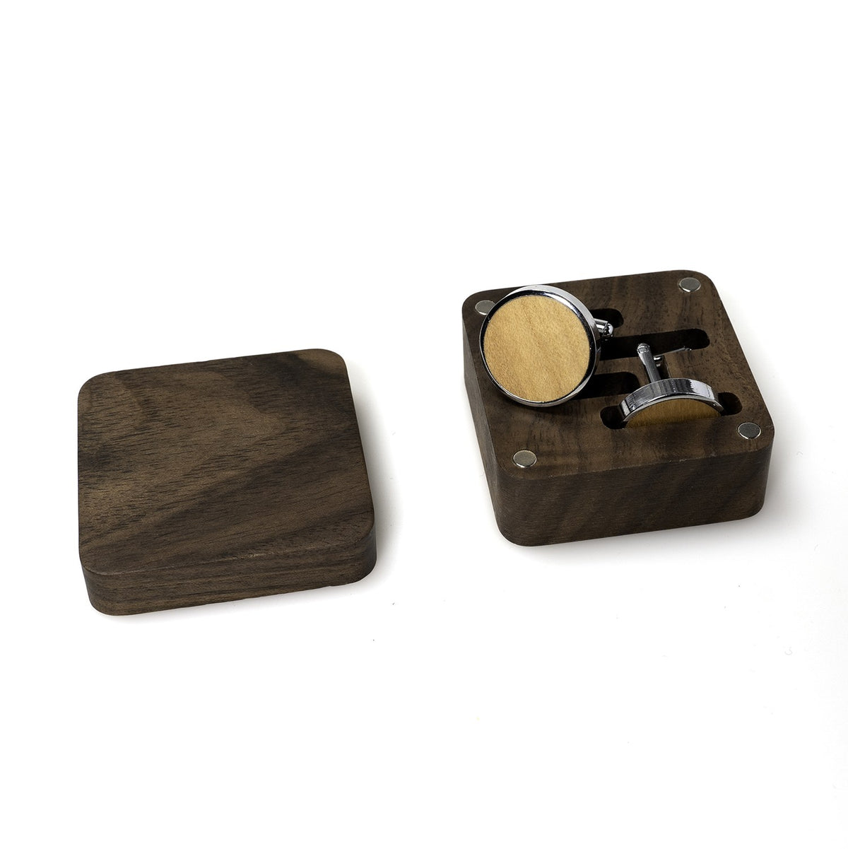 Square walnut cufflink box lid and base at an angle - MAHOOSIVE