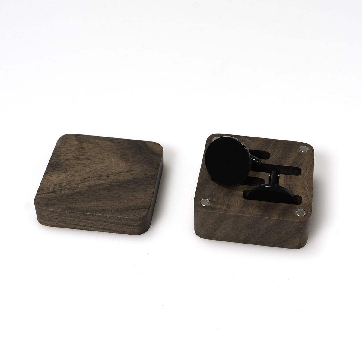 Square walnut cufflink box with black-faced cufflinks - MAHOOSIVE