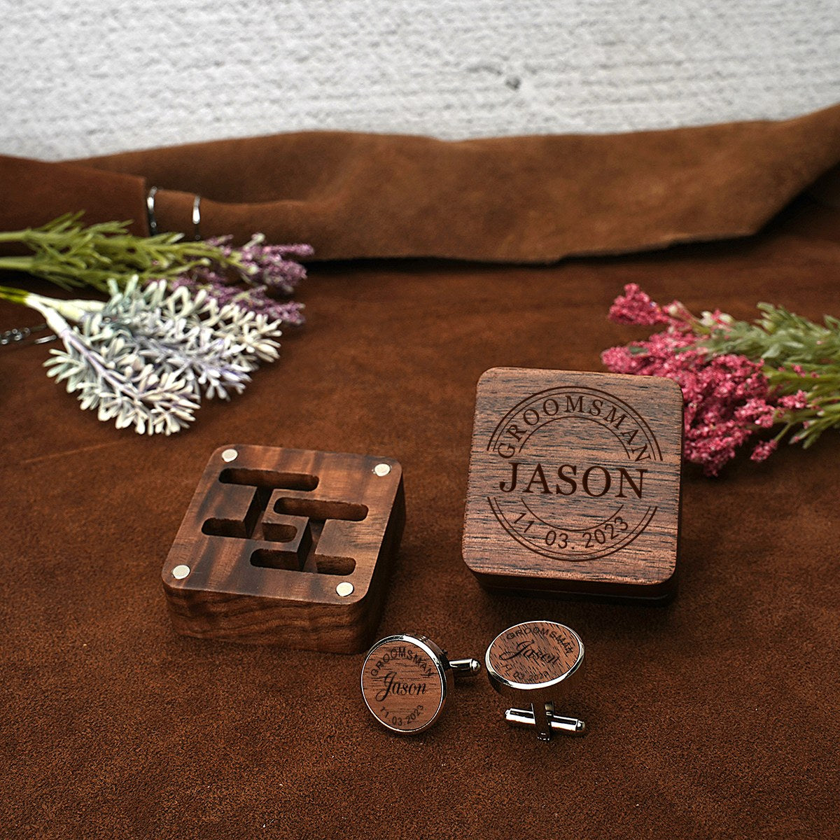 Square walnut cufflink box engraved for a groomsman - MAHOOSIVE