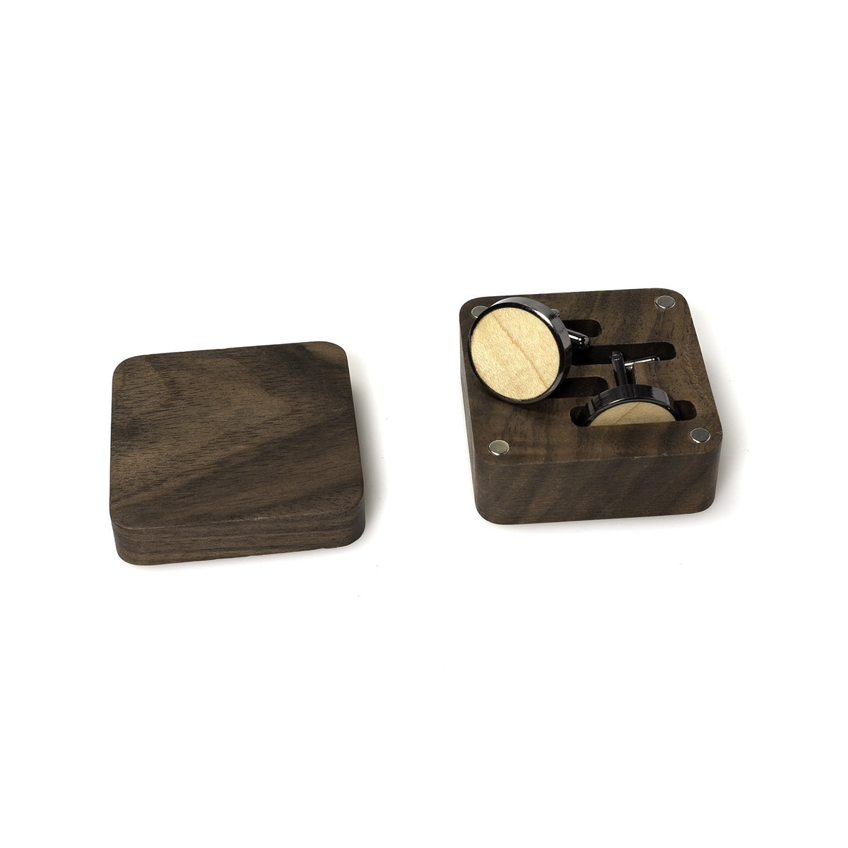 Square walnut cufflink box with gold-faced cufflinks - MAHOOSIVE
