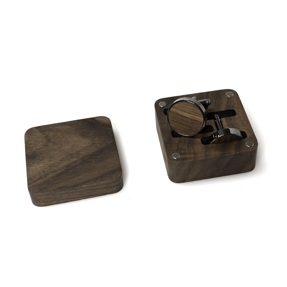 Open square walnut cufflink box showing the fitted tray - MAHOOSIVE