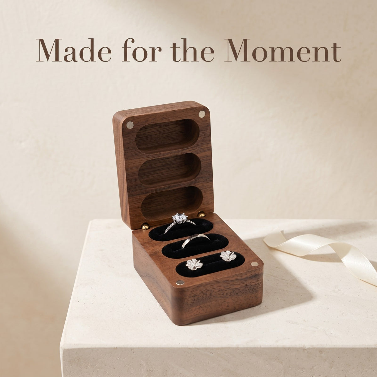 Walnut ring box in a gift setting - Trio: Room for Every Ring - MAHOOSIVE