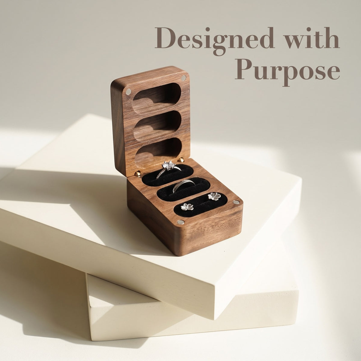 Walnut ring box shown open to reveal the interior - Trio - MAHOOSIVE