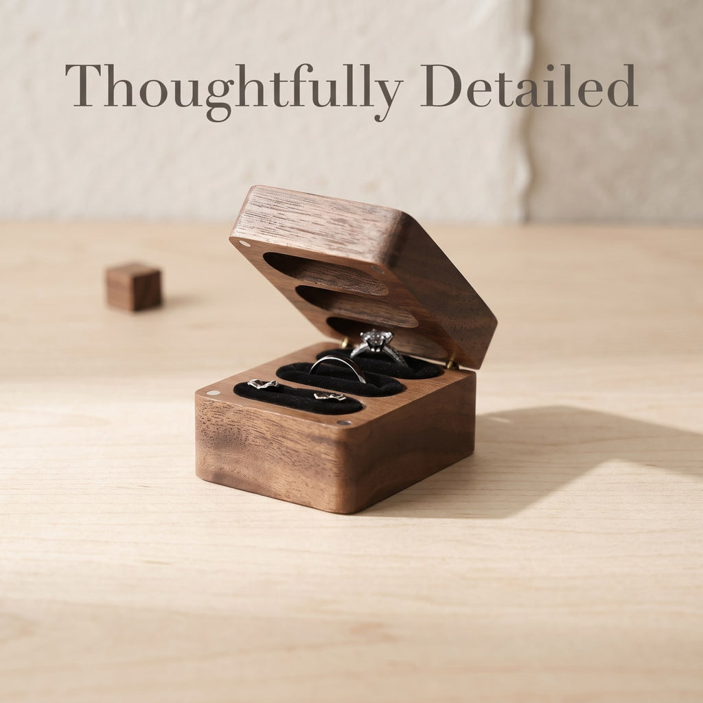Walnut ring box close-up of the walnut grain and edge - Trio - MAHOOSIVE