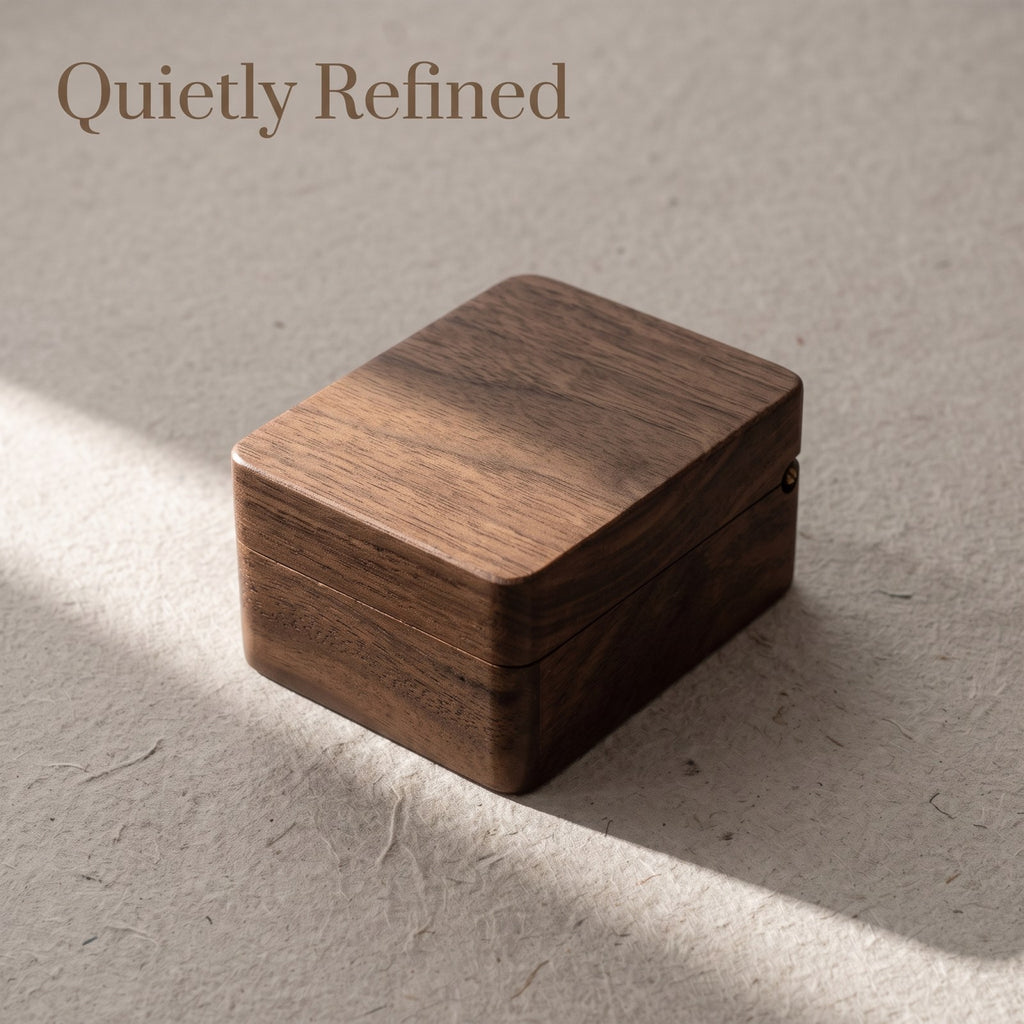 Walnut ring box closed, on a plain surface - Trio - MAHOOSIVE