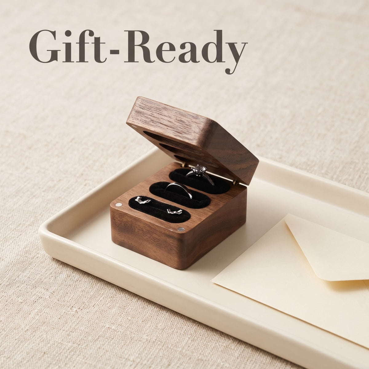 Walnut ring box wrapped and ready to give - Trio - MAHOOSIVE