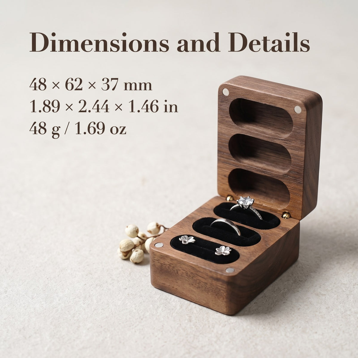 Walnut ring box dimensions and measurements - Trio - MAHOOSIVE