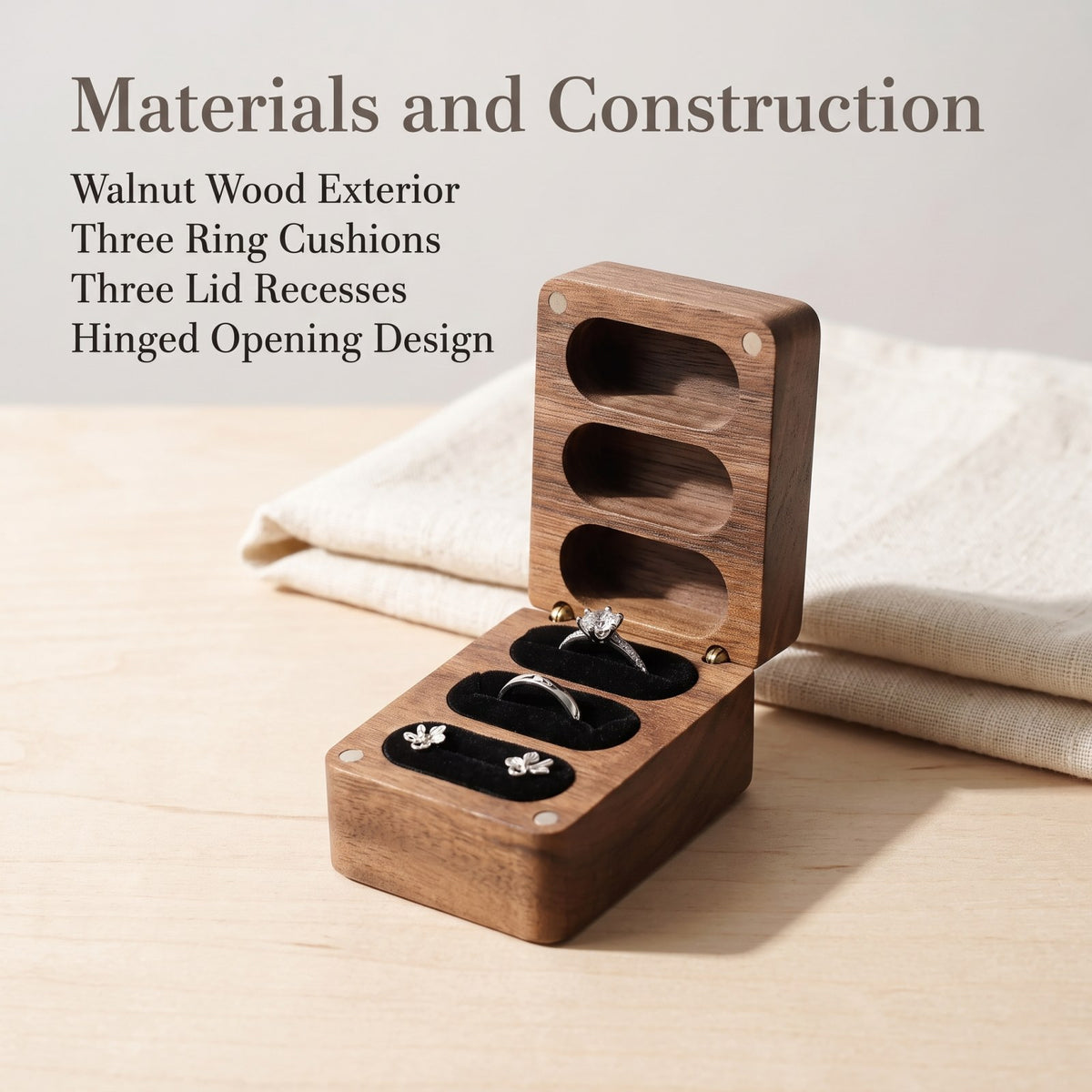 Walnut ring box materials and construction detail - Trio - MAHOOSIVE