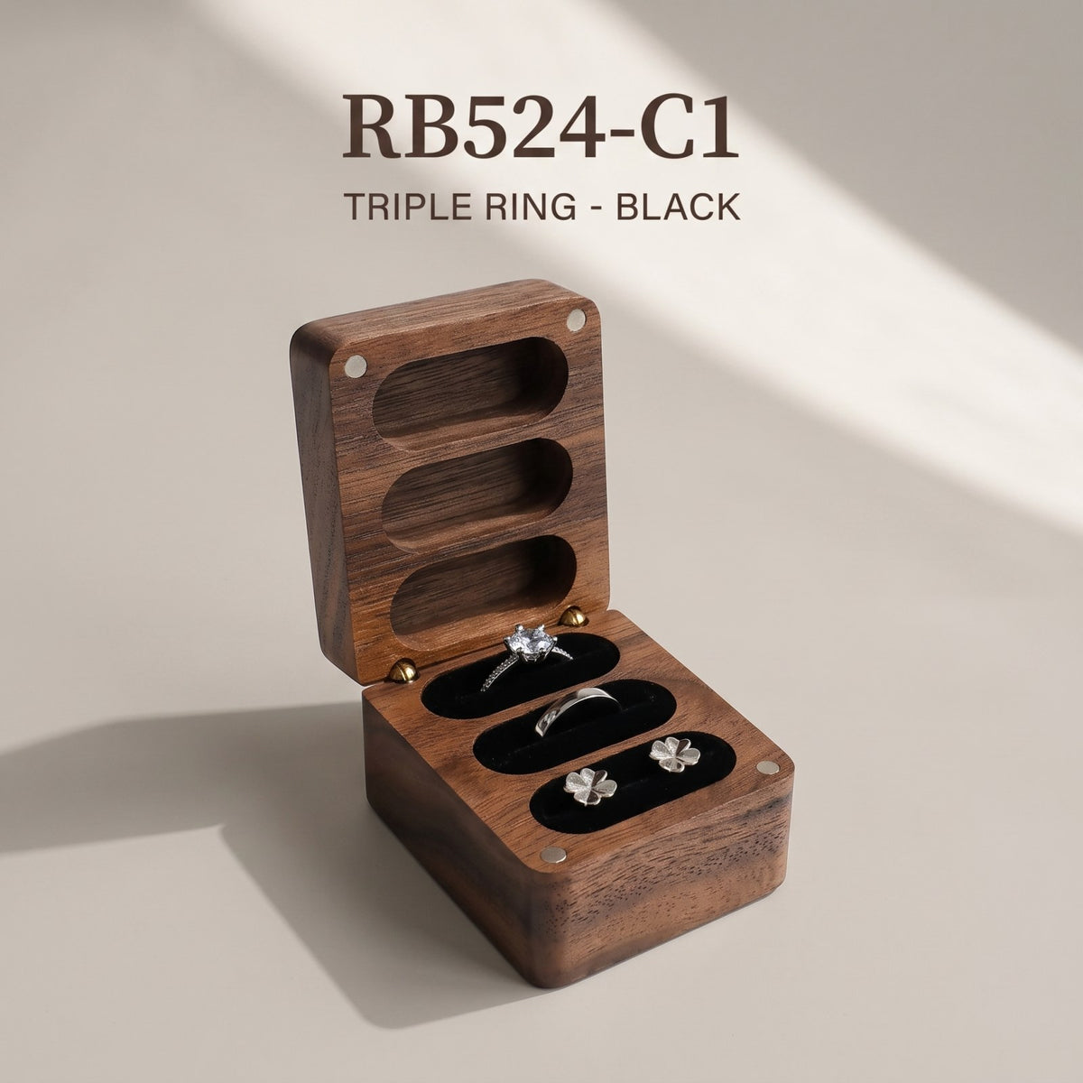 Walnut ring box in Black - Trio - MAHOOSIVE