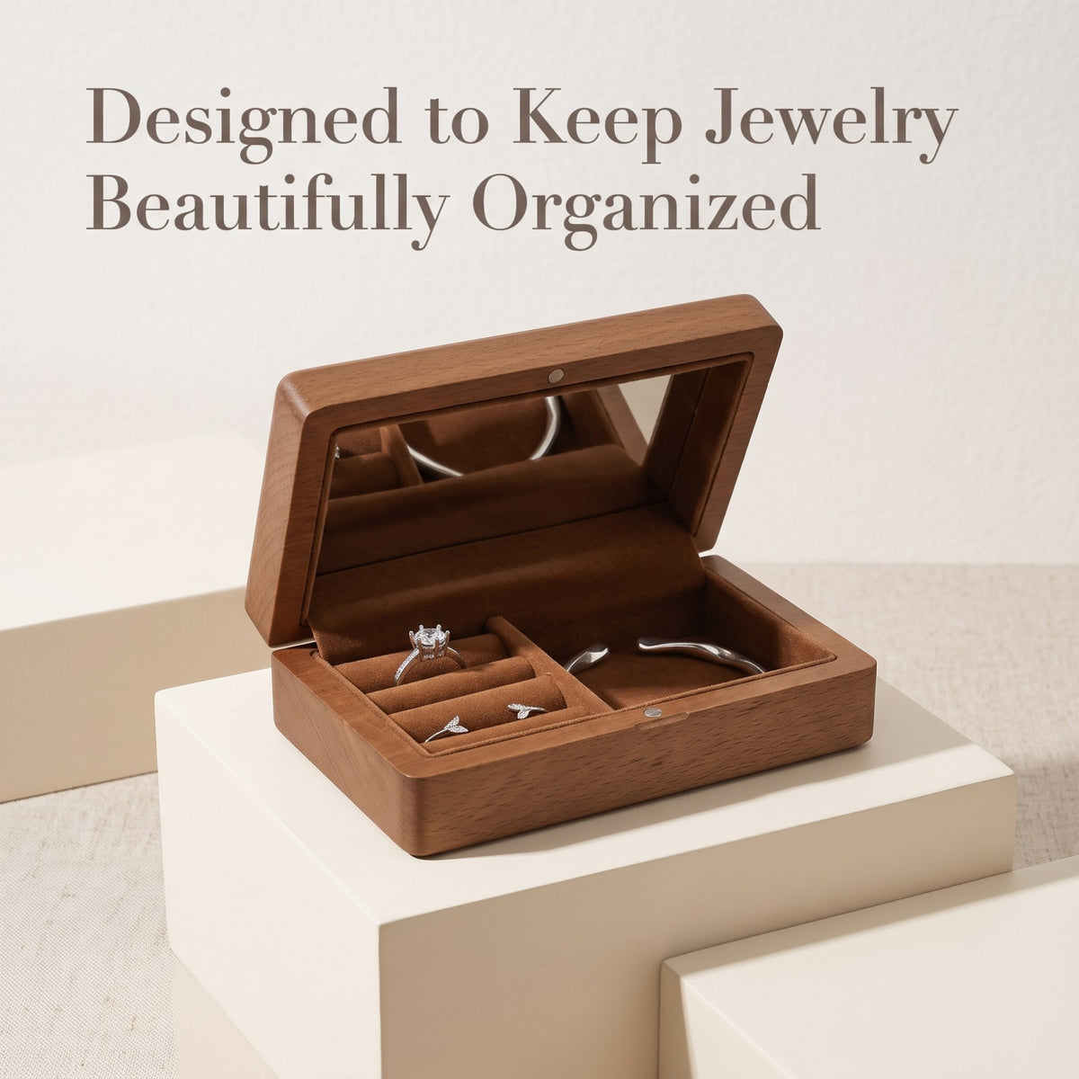 Walnut jewellery box shown open to reveal the interior - Vitrine - MAHOOSIVE