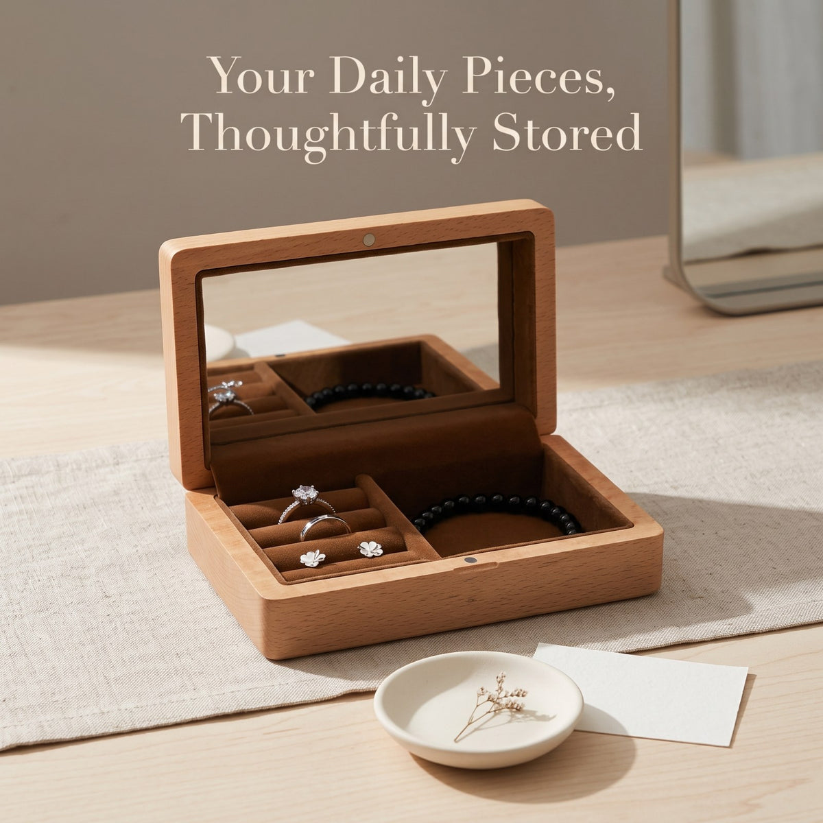 Walnut jewellery box in daily use on a dresser - Vitrine - MAHOOSIVE