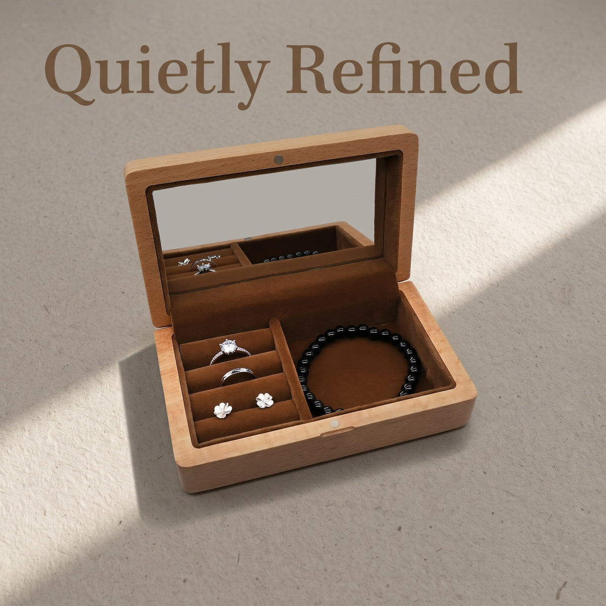 Walnut jewellery box closed, on a plain surface - Vitrine - MAHOOSIVE