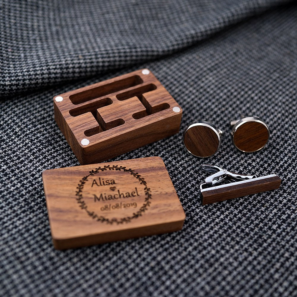 Walnut box with cufflinks and a 45mm tie clip - MAHOOSIVE
