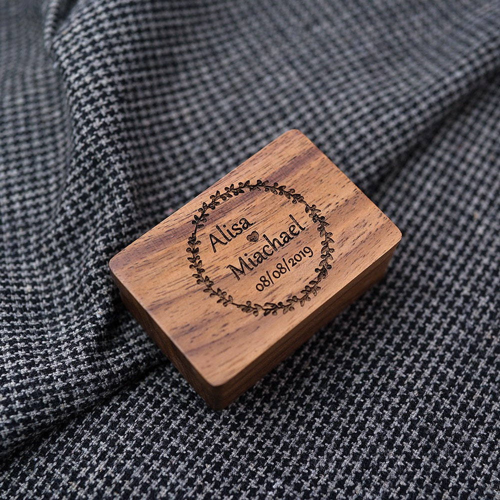 Engraved names and date on a walnut cufflink box lid - MAHOOSIVE
