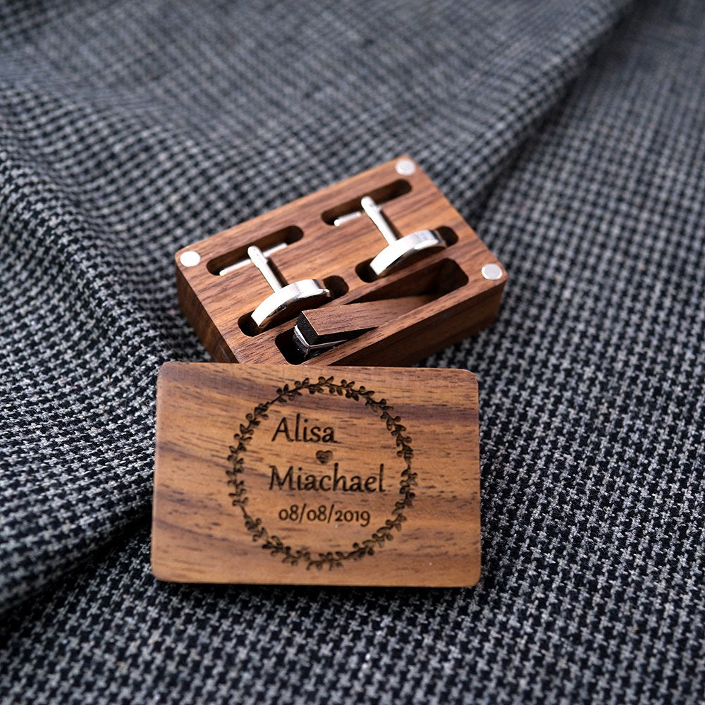 Walnut cufflink and tie clip box with engraved lid - MAHOOSIVE