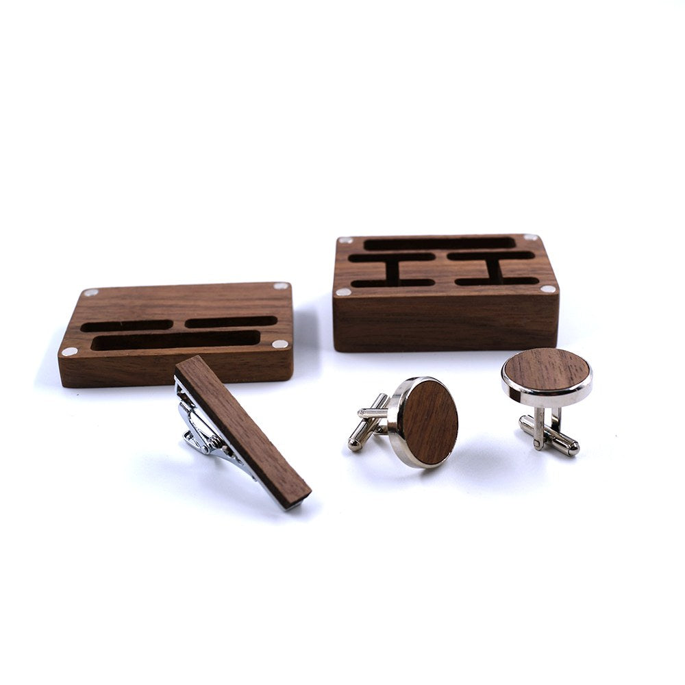Open walnut box showing cufflink and tie clip slots - MAHOOSIVE
