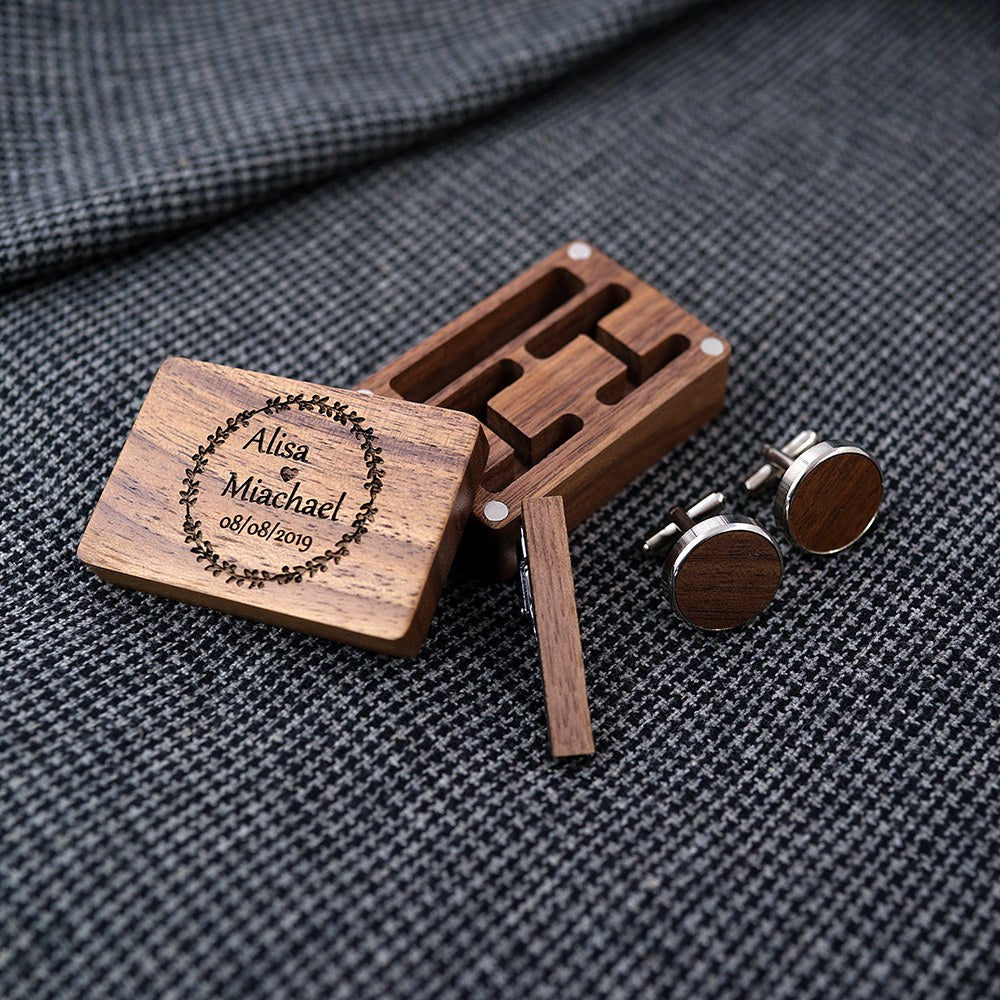 Cufflink and tie clip set with engraved walnut box - MAHOOSIVE